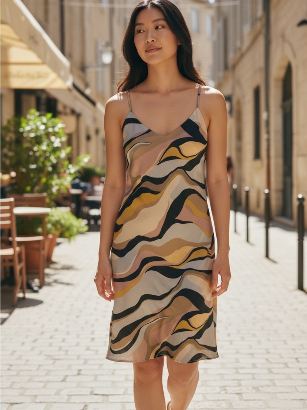Retro Abstract Swirl Print Satin Midi Dress – Pink & Yellow – Size [m] - Picture 2 of 9